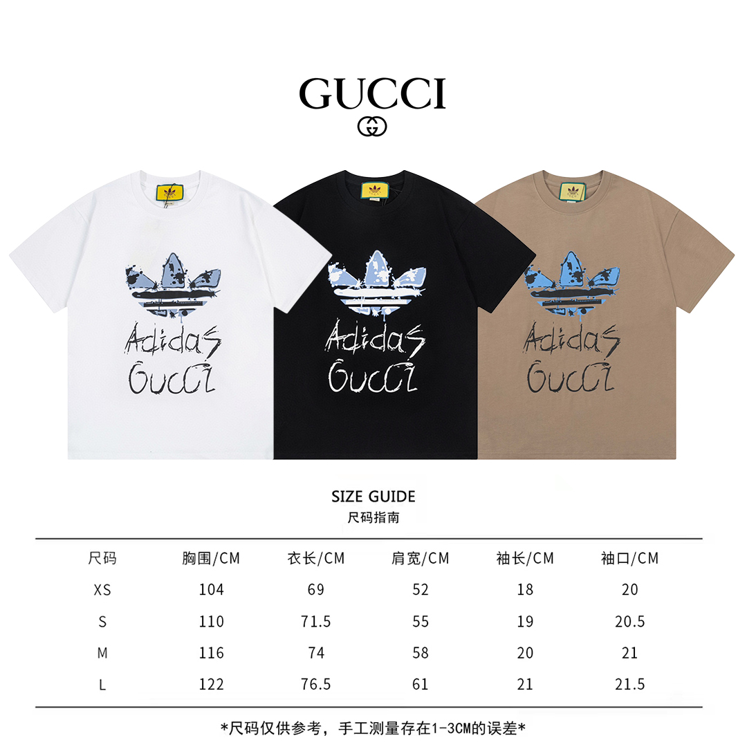 Adidas X Gucci Collaboration 2023 Summer Tees Graffiti Trefoil Logo 3 Colors Tees